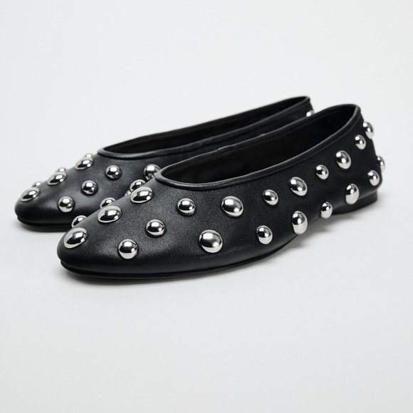 Zara NWT Stud Leather Ballet Flats - Picture 2 of 5